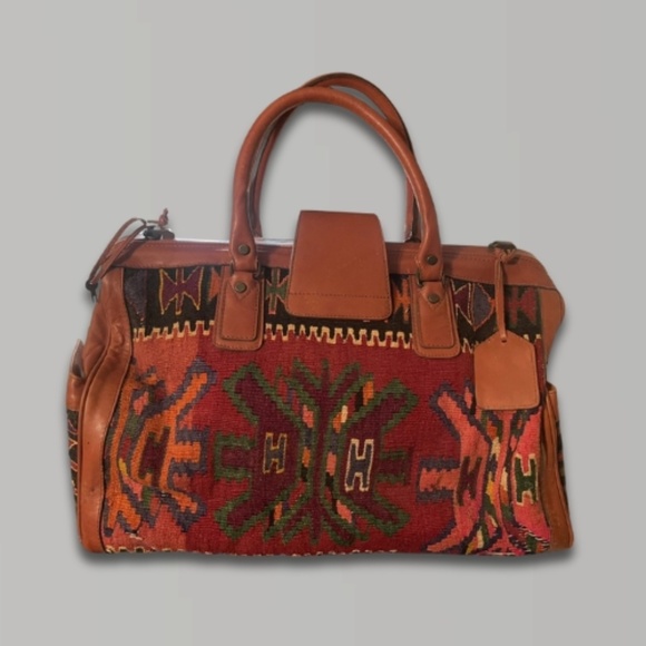 Vintage YUN ART Travel Bag Kilim Wool Leather Turkish Pattern Rush/Tan One Size - Picture 2 of 15